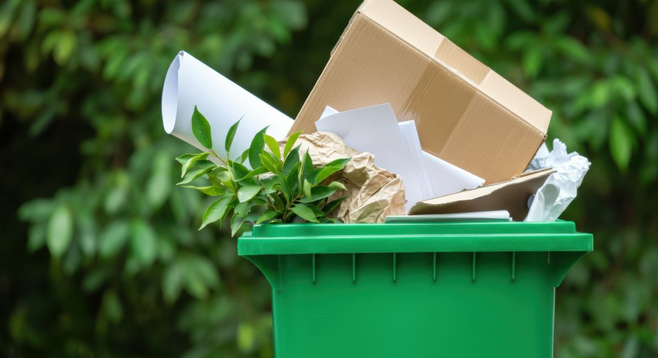 Green recycling bin overflowing with cardboard paper and organic garden waste