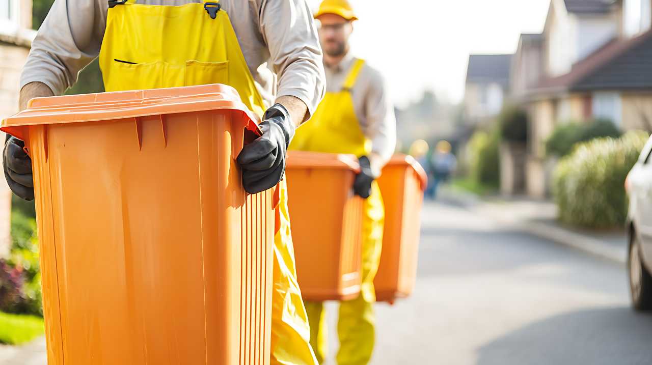 Workers hauling orange recycling bins down a residential street, wearing protective work gear, ensuring neighborhood cleanliness.
