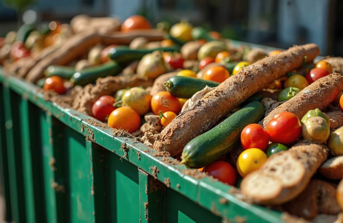 Discarded organic food, like fruits, vegetables, and bread, fills a large industrial dumpster.