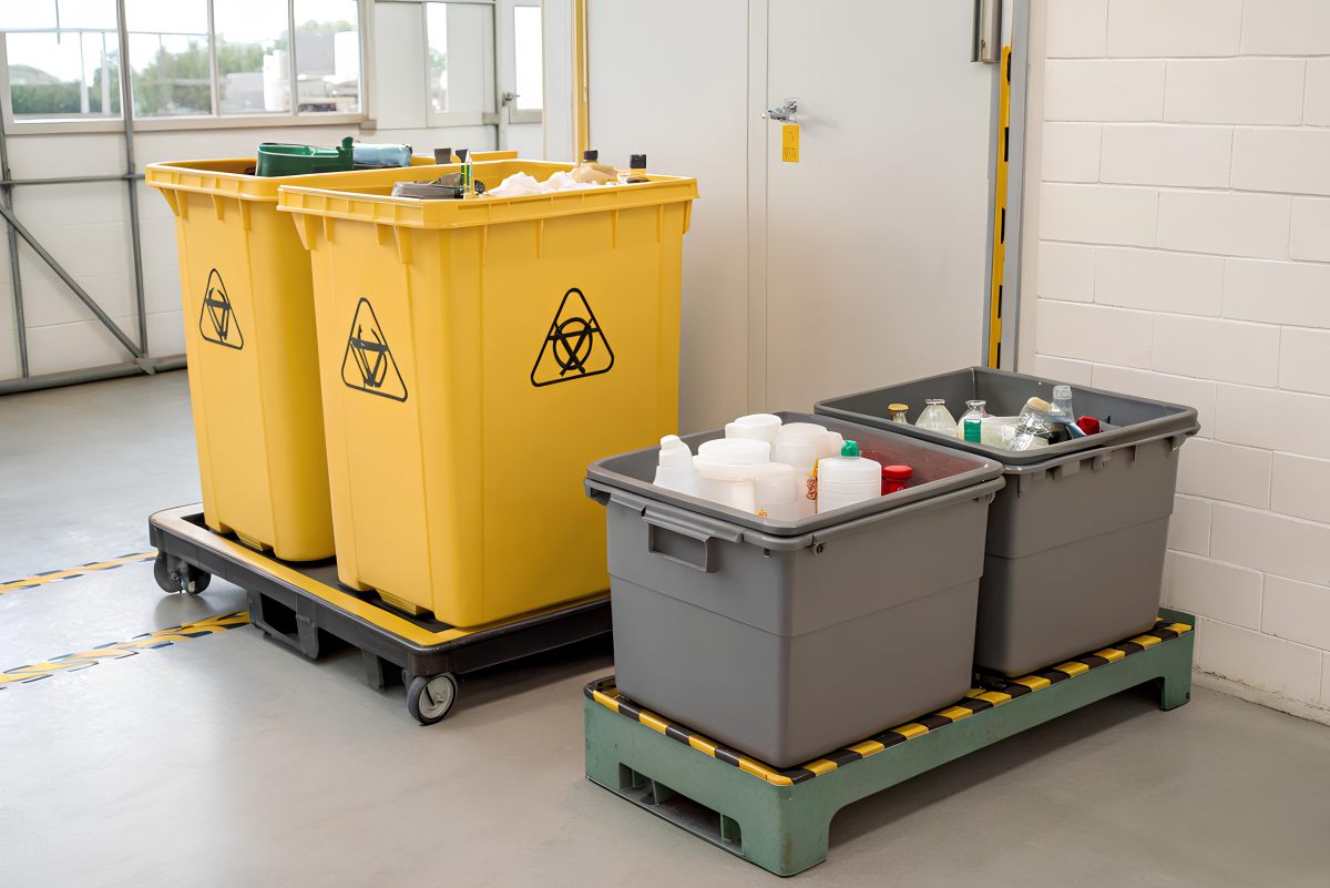 Industrial yellow hazardous waste bins and grey recycling containers with plastic bottles and lab items, placed in a secure indoor facility environment