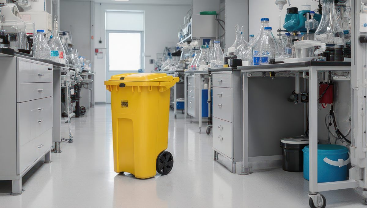 A clean, bright laboratory interior with lab equipment and a large yellow trash bin