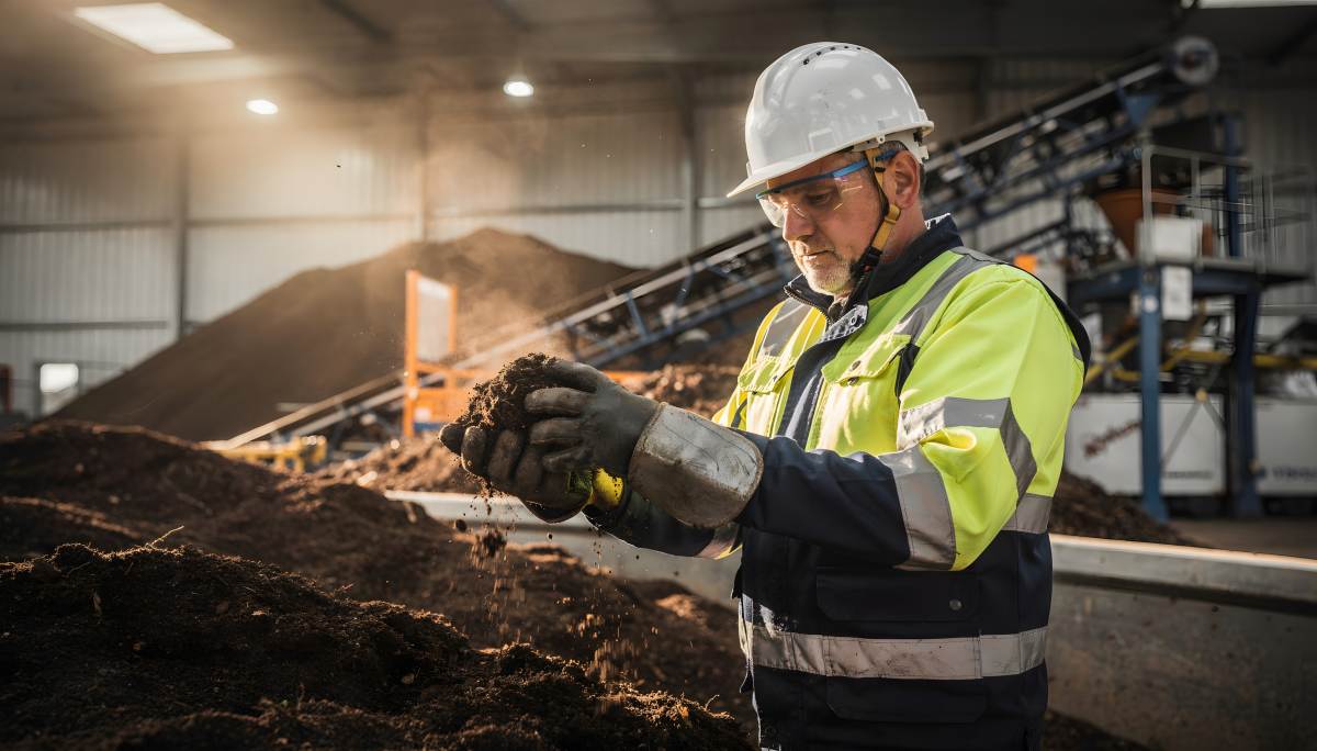 A worker inspects compost quality at a recycling plant, focusing on sustainability, waste management, and environmental responsibility within a modern industrial setting. Good for agriculture use