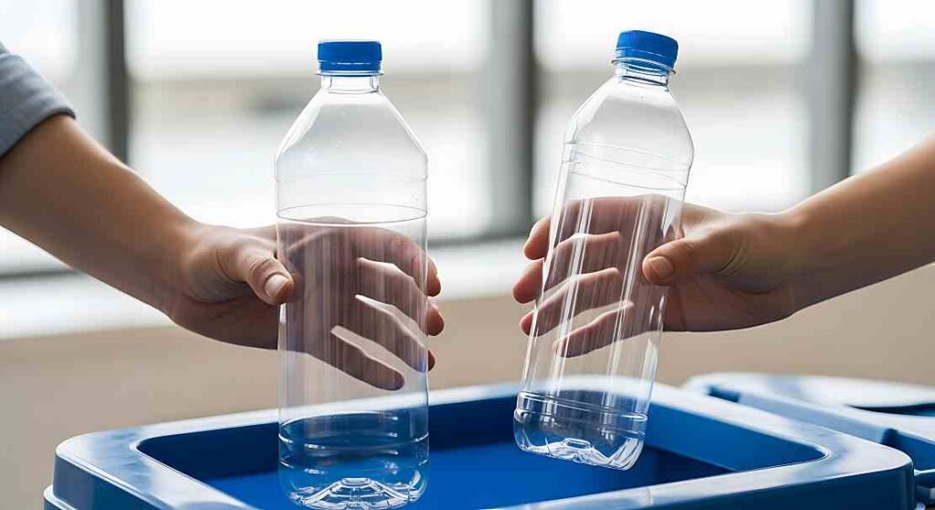 Two people holding clear plastic bottles over a blue recycling bin