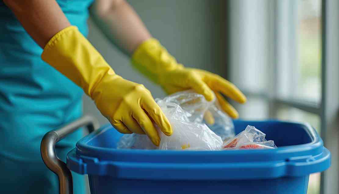 Female cleaner in yellow gloves throws plastic rubbish into blue bin on janitor cart. Woman performs housekeeping service in hotel, office hospital. Worker sorts rubbish, handles waste management
