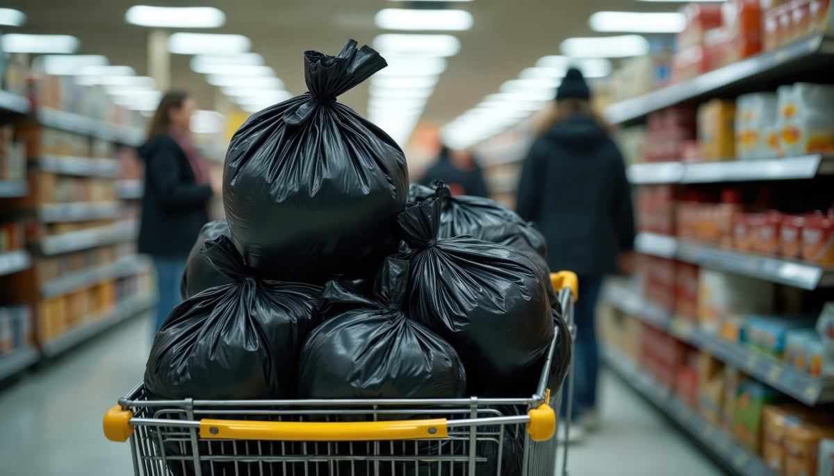 Full shopping cart with many black trash bags in a supermarket aisle. People shop in background shelves with goods on sides. Consumerism overload concept. Excessive buying leads to waste.