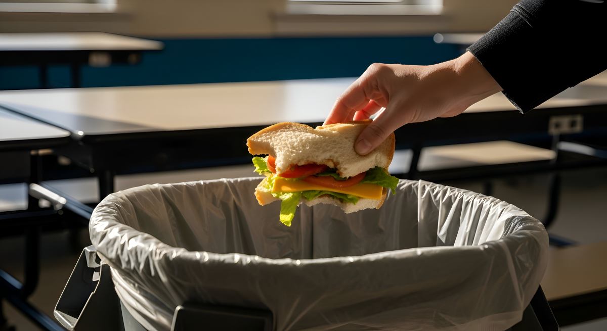 A half-eaten sandwich is discarded into a trash receptacle in a school or cafe setting. The image highlights concepts such as food waste, consumerism, and the impact of waste on the environment,