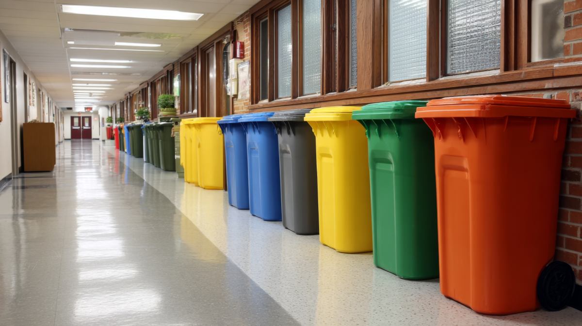 A row of colorful recycling bins in a school hallway emphasizes the importance of waste management and environmental awareness among students in a vibrant educational space.