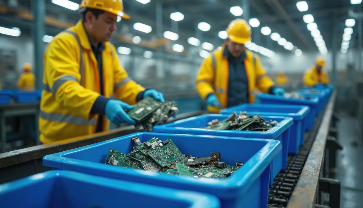 Workers in yellow vests, hard hats sort electronic components on conveyor belt in recycling plant. Blue bins hold circuit boards, computer parts for material recovery. Shows process for handling