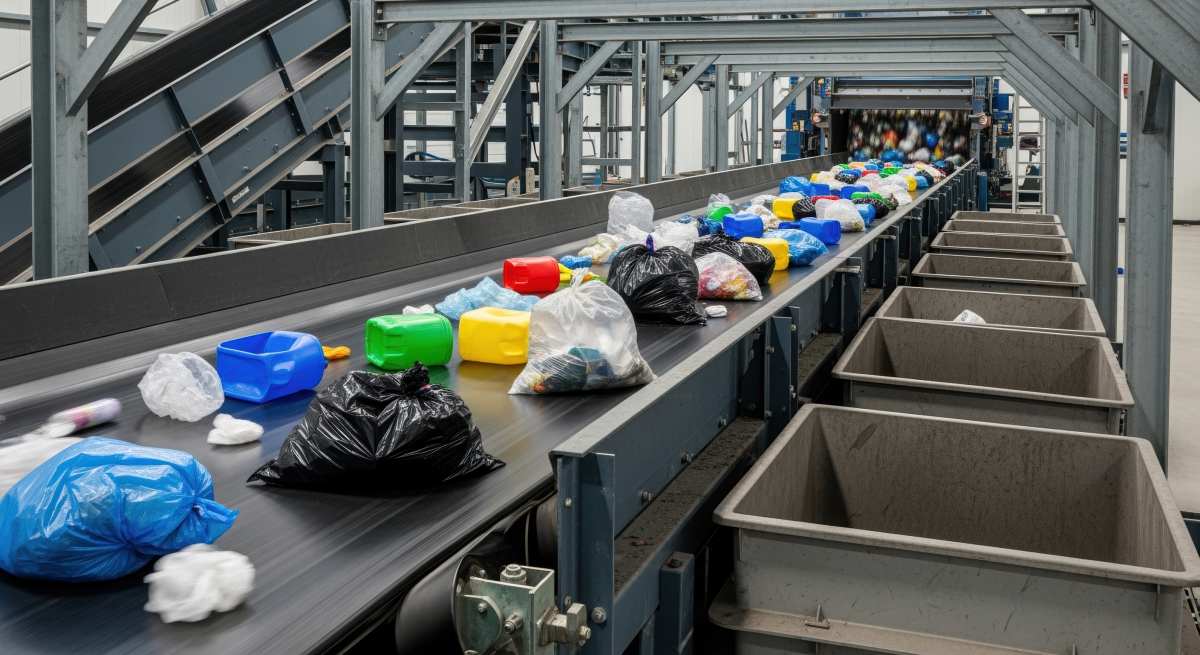 conveyor belt sorting plastic waste in recycling facility for sustainable waste management