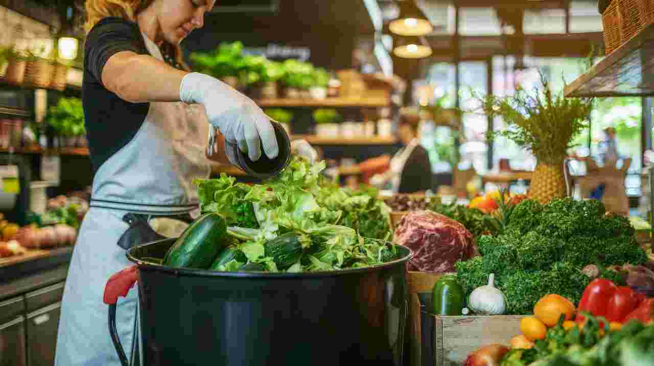 a woman who segregate wastes of vegetables and fruit foods.