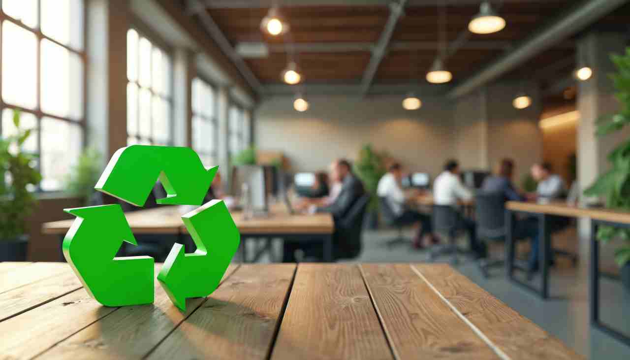 Green recycle symbol sits on wooden table in modern office. People work at desks in background promoting eco, friendly office practices and sustainability concepts.