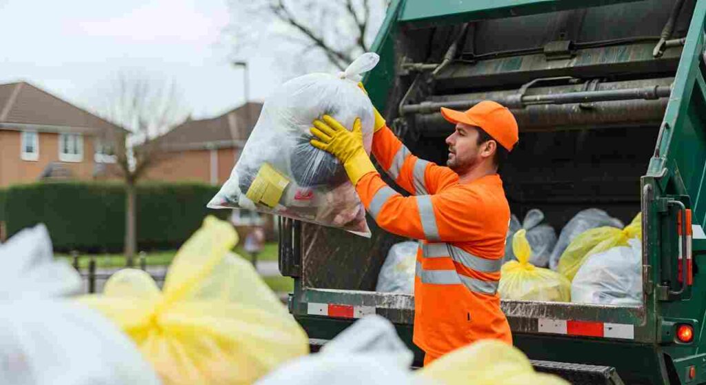 Garbage Collector Loading Trash Bags Into Truck for Waste Removal and Recycling