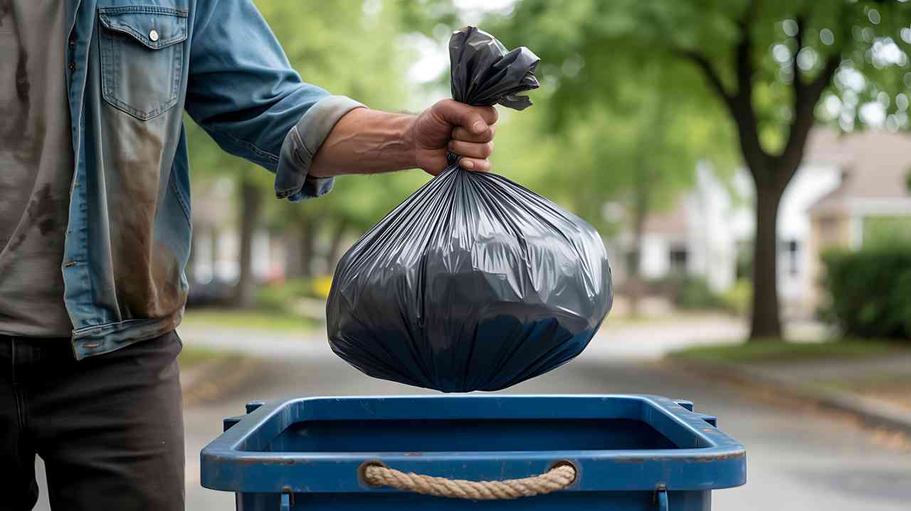 segregating trash outside with the blue container