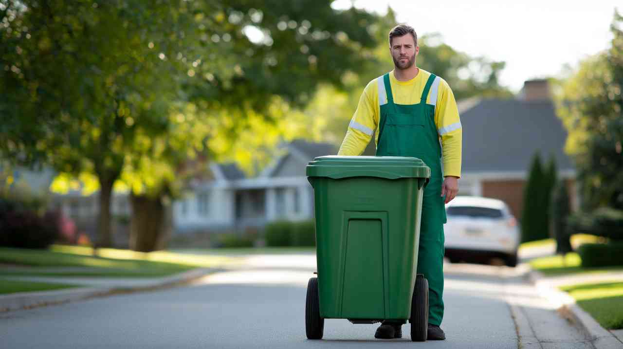 Waste management worker in yellow shirt and green overalls standing beside a green wheelie bin on a sunny suburban street, confident and ready for residential trash collection.