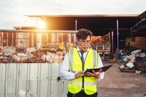 asian man in safety vest checks tablet device at junkyard during sunset