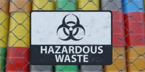 hazardous waste sign on chain link fence