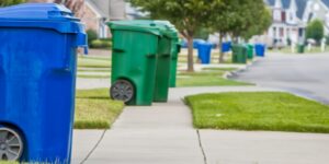 Blue and green wheeled recycling and waste bins lined up along a suburban neighborhood sidewalk on collection day