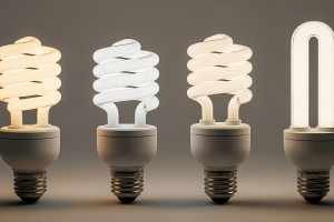Four Compact Fluorescent Light Bulbs Showing Different Light Temperatures and Designs