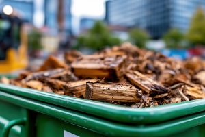 Green roll-off dumpster filled with broken wood and lumber debris at a construction site