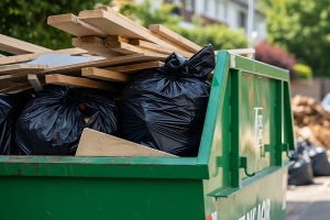 Green roll-off dumpster filled with lumber scraps and black waste bags at a residential construction or renovation jobsite