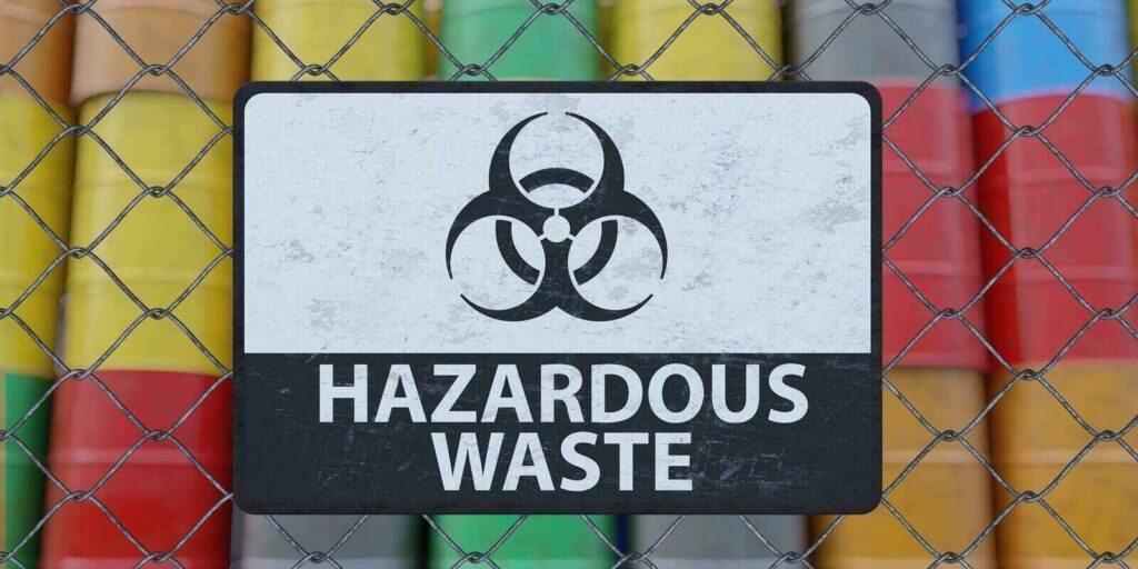 Hazardous waste warning sign with biohazard symbol on a chain-link fence in front of colorful chemical storage drums