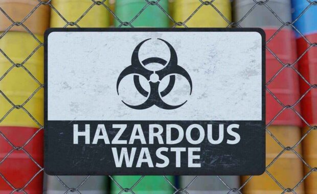 Hazardous waste warning sign with biohazard symbol on a chain-link fence in front of colorful chemical storage drums