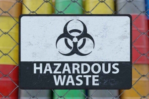 Hazardous waste warning sign with biohazard symbol 