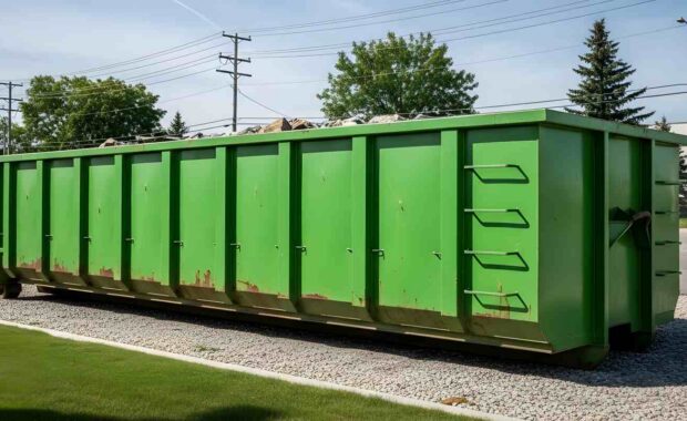 Large green roll-off dumpster filled with construction debris on a gravel lot