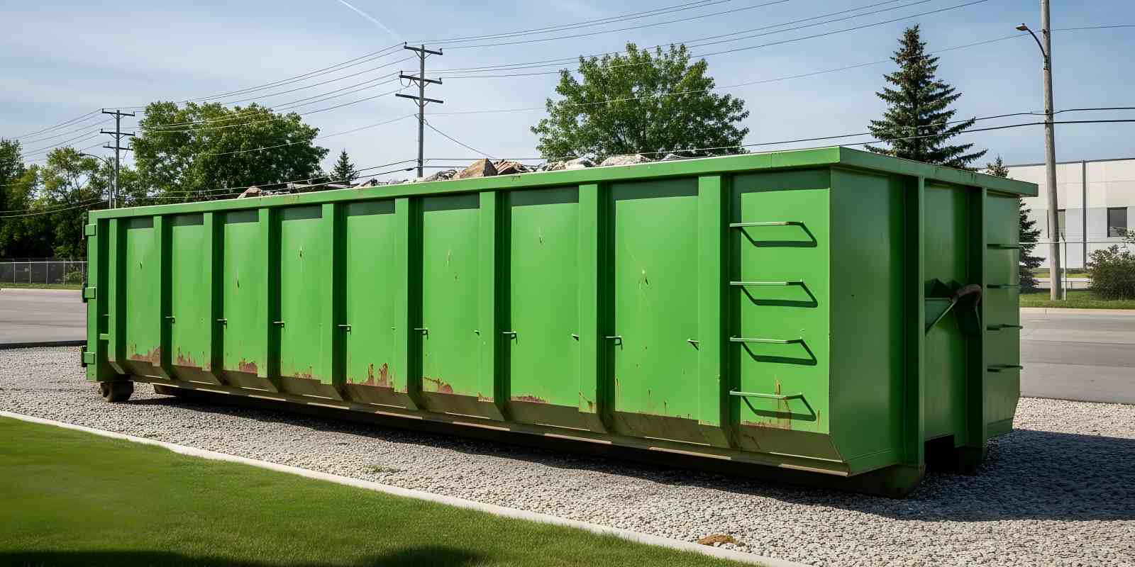 Large green roll-off dumpster filled with construction debris on a gravel lot