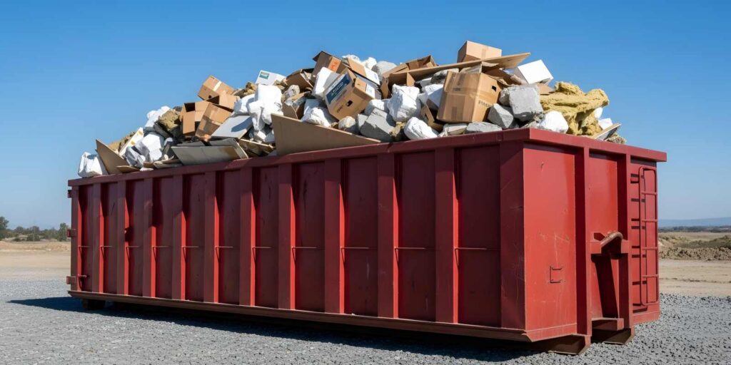 Large red roll-off dumpster overflowing with construction debris including cardboard, concrete chunks, and mixed jobsite waste materials