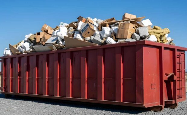 Large red roll-off dumpster overflowing with construction debris including cardboard, concrete chunks, and mixed jobsite waste materials