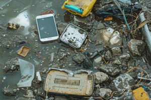 Pile of discarded electronics and debris including smartphones, circuit boards, and broken devices requiring special e-waste disposal
