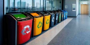 Row of color-coded commercial recycling bins with recycling symbols lining a modern office building corridor with a city skyline in the background