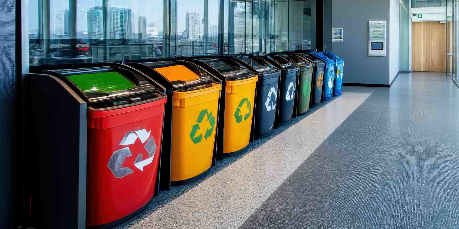Row of color-coded commercial recycling bins with recycling symbols lining a modern office building corridor with a city skyline in the background