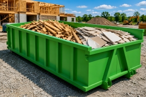Green roll-off dumpster filled with construction debris at a building site