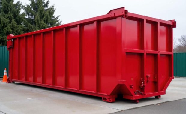 Large red roll-off dumpster parked at a commercial facility