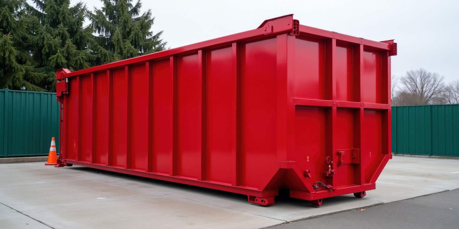 Large red roll-off dumpster parked at a commercial facility