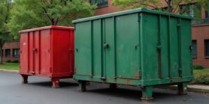 Red and green commercial roll-off dumpsters parked outside an office building
