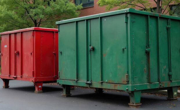 Red and green commercial roll-off dumpsters parked outside an office building