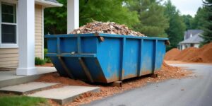 blue dumpster sits next to house. Container holds construction debris, wood scraps