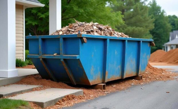 blue dumpster sits next to house. Container holds construction debris, wood scraps