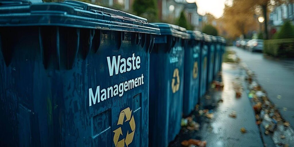 blue recycling bins lined up for waste management on a residential street