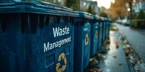 blue recycling bins lined up for waste management on a residential street