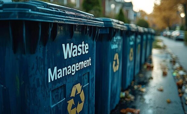 blue recycling bins lined up for waste management on a residential street