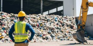 construction worker monitoring recycling waste management at industrial plant with loader machine