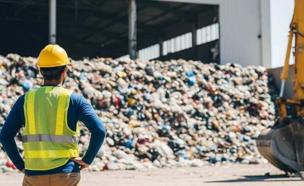 construction worker monitoring recycling waste management at industrial plant with loader machine