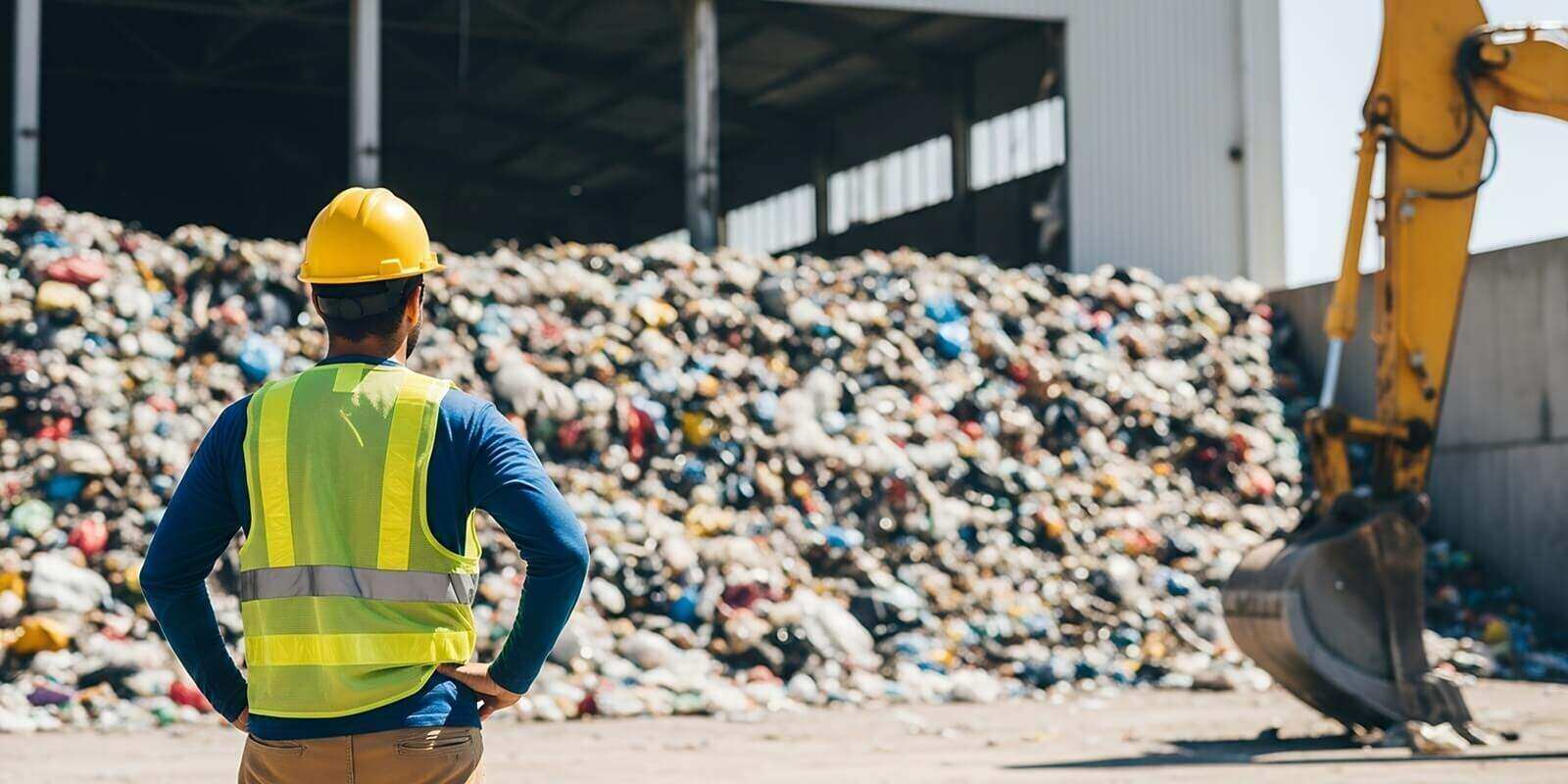 construction worker monitoring recycling waste management at industrial plant with loader machine