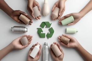 diverse hands holding eco friendly cosmetic packaging around green recycling symbol