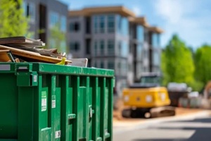 green industrial dumpster filled with construction debris on a sunny day for a waste disposal and construction site management concept
