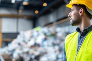 man in a high-visibility vest and hard hat standing in a waste management facility observing a large pile of mixed waste